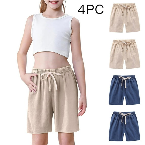 hengsof Toddler Boys Girls Shorts 4-Pack Cotton Linen Summer Casual Shorts Kids Solid Short Pants 2-12 Years