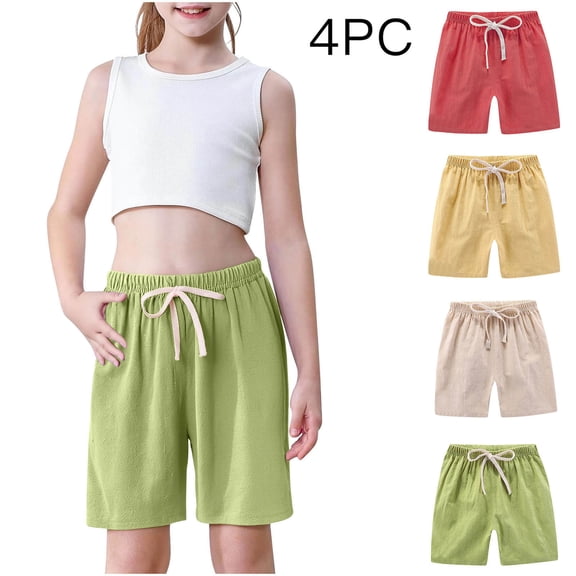 hengsof Toddler Boys Girls Shorts 4-Pack Cotton Linen Summer Casual Shorts Kids Solid Short Pants 2-12 Years
