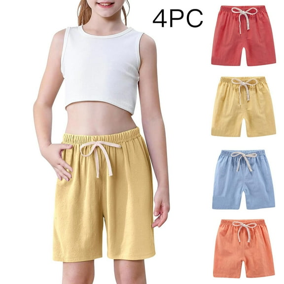 hengsof Toddler Boys Girls Shorts 4-Pack Cotton Linen Summer Casual Shorts Kids Solid Short Pants 2-12 Years