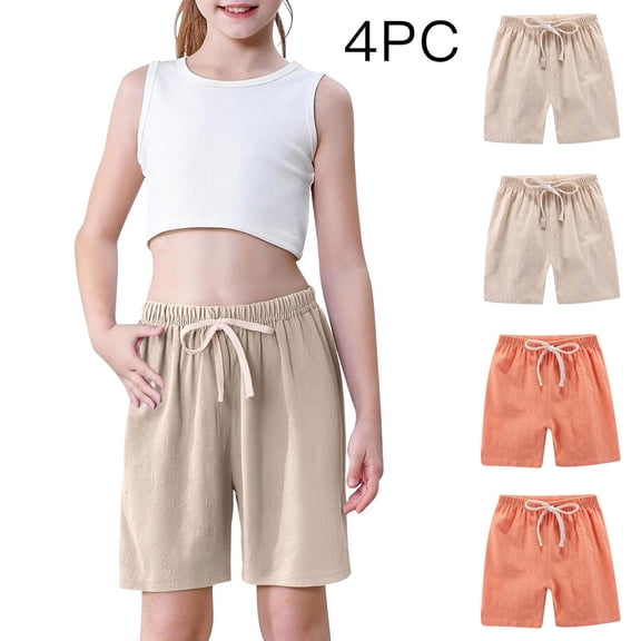 hengsof Toddler Boys Girls Shorts 4-Pack Cotton Linen Summer Casual Shorts Kids Solid Short Pants 2-12 Years