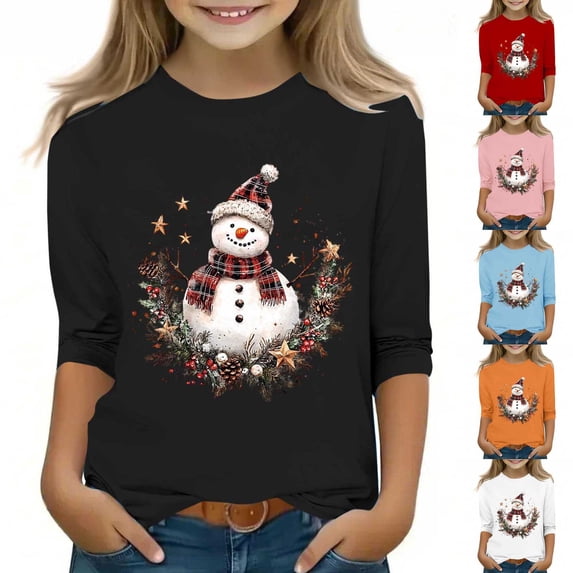 hengsof Toddler Girl Christmas Shirt Kid Fashion Christmas Prints Round Neck Tops 3/4 Sleeve Tee Top Clothes 3-12Y