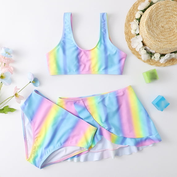 hengsof Toddler Girl's 3 Pieces Hawaiian Rainbow Print Bikini Swimsuit with Ruffle Trim Beach Skirt Round Neck Shoulder Strap Swimsuit Set
