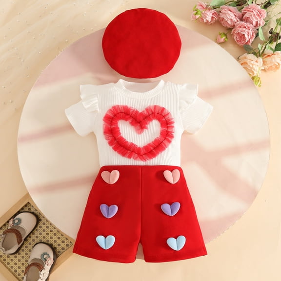 hengsof Toddler Girl's Ruffled Heart Pattern Shirt Shorts and Beret Set