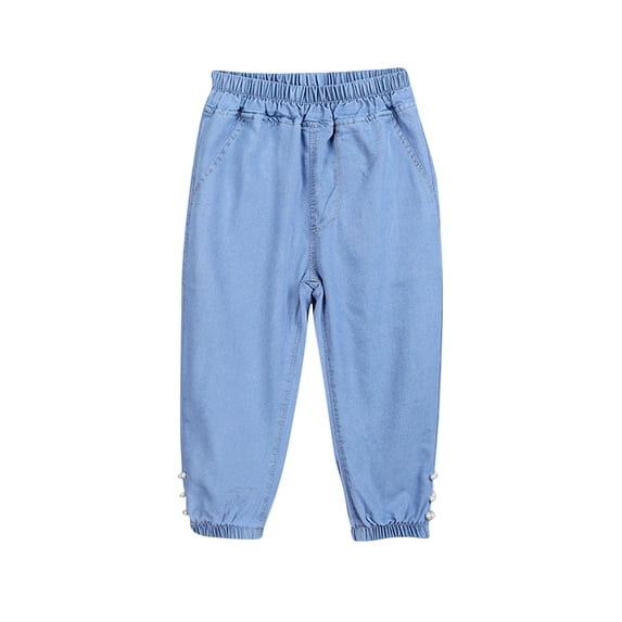 hengsof Toddler Girls Beaded Ankle Length Denim, Tapered Leg Everyday Pants Classic Style Denim Pants for School, Ages 1 to 6 Years