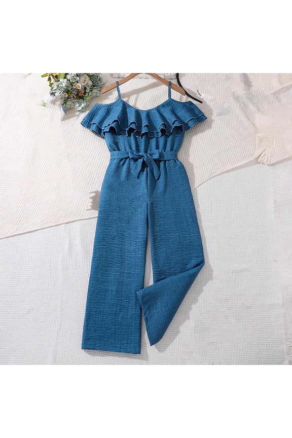 Toddler Girls Jumpsuit Off Shoulder Ruffled Sleeveless Bow Tie Straight Wide Leg Pants Jumpsuit Suitable for Children Aged 8-13 Years