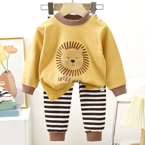 hengsof Toddler Girls Long Sleeve Crewneck Print Top Striped Pants Set, Casual Round Neck Soft Cotton Comfort Two Piece for 0-8 Years