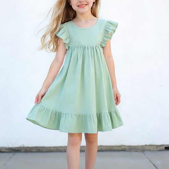 hengsof Toddler Girls Summer Sun Dress for 1-7 Years Old Solid Color Spaghetti Strap Flutter Sleeve Gown Breathable Playtime Outfit