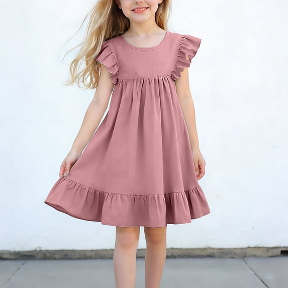 hengsof Toddler Girls Summer Sun Dress for 1-7 Years Old Solid Color Spaghetti Strap Flutter Sleeve Gown Breathable Playtime Outfit
