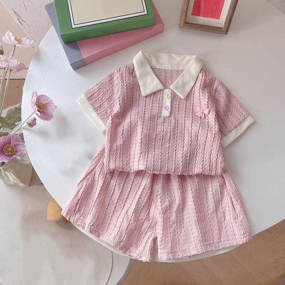 hengsof Toddler Girls Summer Two Piece Outfit for 6 Months to 8 Years Solid Color Patterned Top and Shorts Set Cute Casual Play Clothes