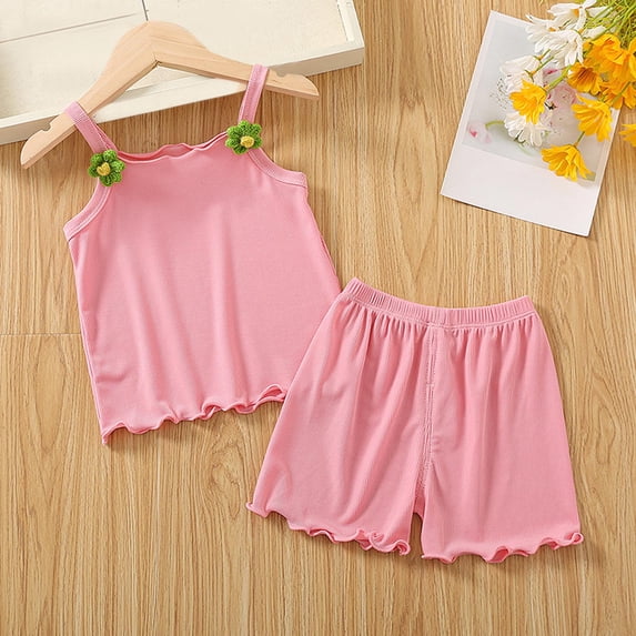 hengsof Toddler Kids Girls Summer 2 Piece Suit Baby Girls Short Sets Girls Flowers Ruffle Sleeveless Suit Sweet Cute Beach Set