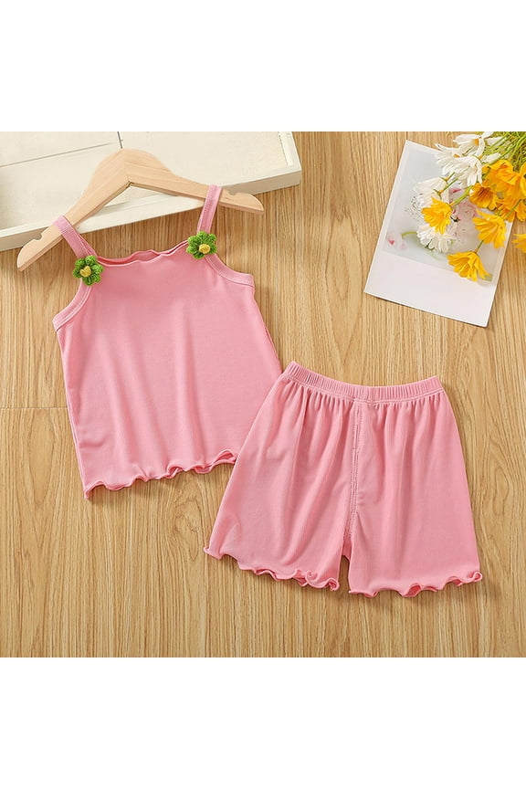 Toddler Kids Girls Summer 2 Piece Suit Baby Girls Short Sets Girls Flowers Ruffle Sleeveless Suit Sweet Cute Beach Set