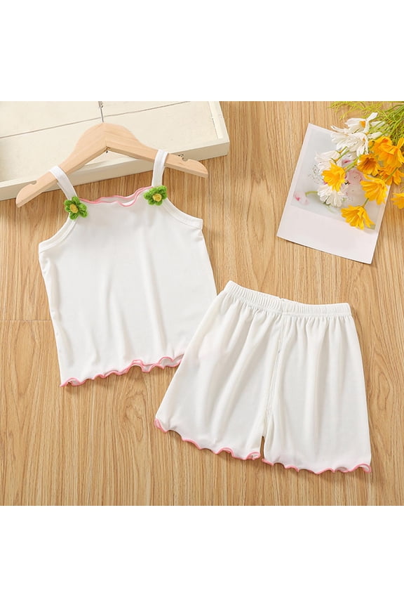 Toddler Kids Girls Summer 2 Piece Suit Baby Girls Short Sets Girls Flowers Ruffle Sleeveless Suit Sweet Cute Beach Set