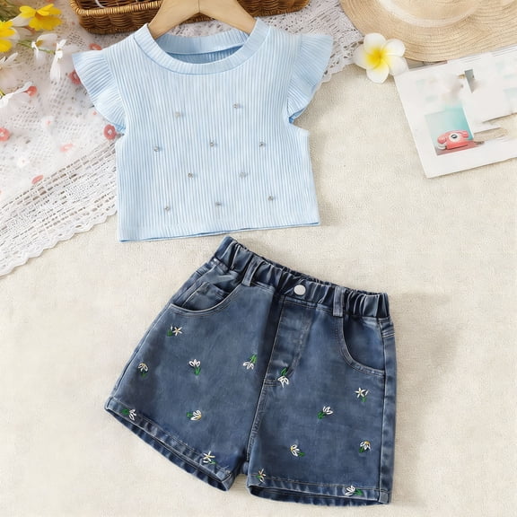 hengsof Toddler Kids Summer Clothes Ruffle Knit Short Sleeves T-Shirt Tops Denim Shorts Cute Outfits Set