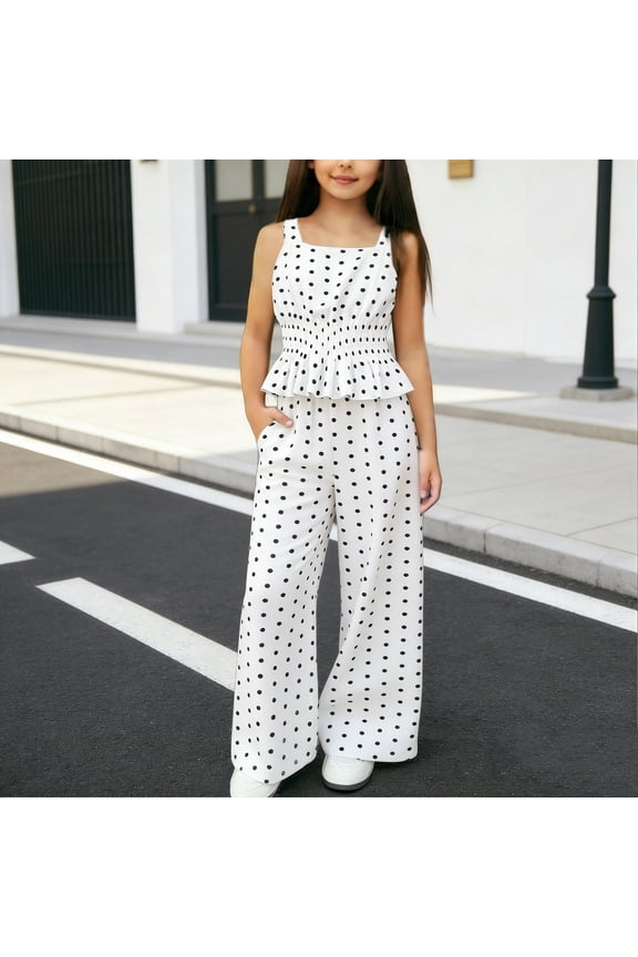 Tweens Girls Solid Polka Dot Two Piece Set, Cinched Waist Tank Top and Long Casual Pants Coordinated Outfit for Summer, Ages 8 to 12 Years