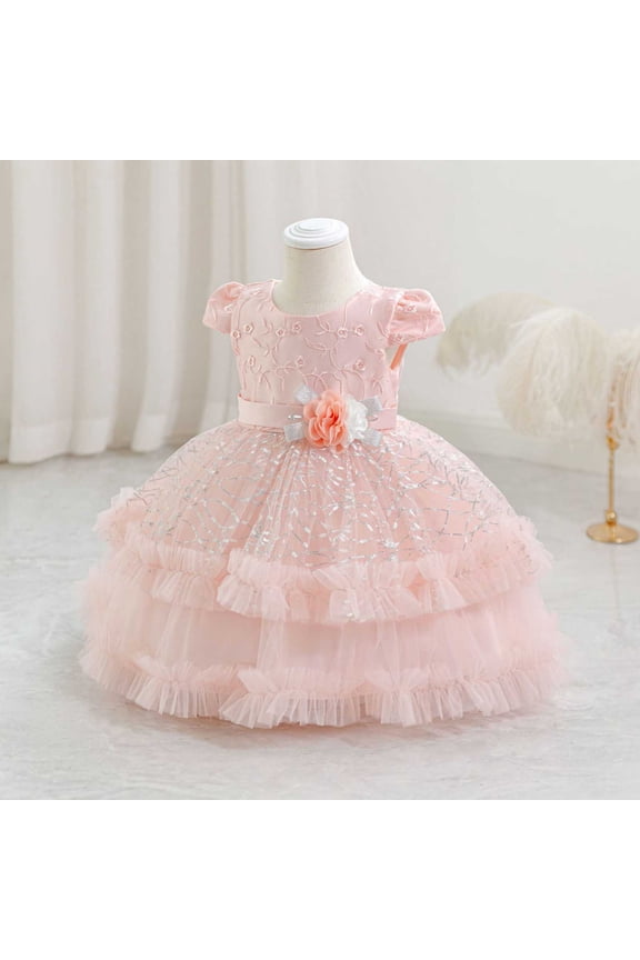 Two-Tone Back Zipper Formal Dress for Girls, Short Sleeve Midi Length Party Gown, Princess Style Celebration Outfit