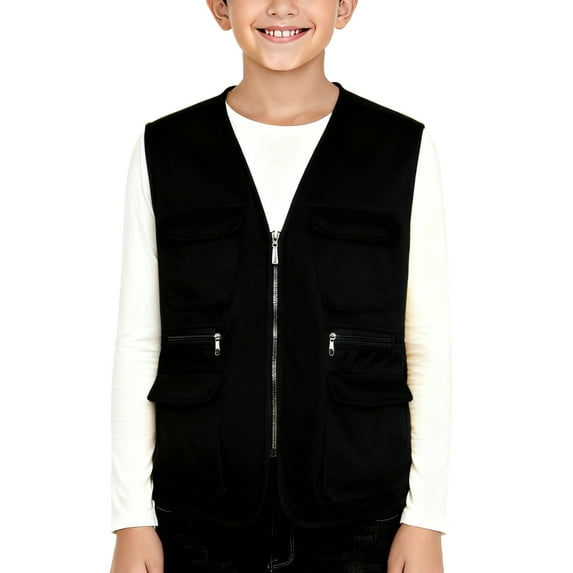 hengsof Unisex Kids Multi Pocket Vest for 5-13 Years Solid Color Open Front Sleeveless Jacket Outdoor Travel Volunteer Top Basic Top