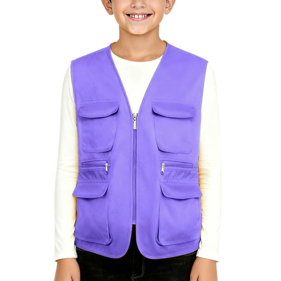 hengsof Unisex Kids Multi Pocket Vest for 5-13 Years Solid Color Open Front Sleeveless Jacket Outdoor Travel Volunteer Top Basic Top
