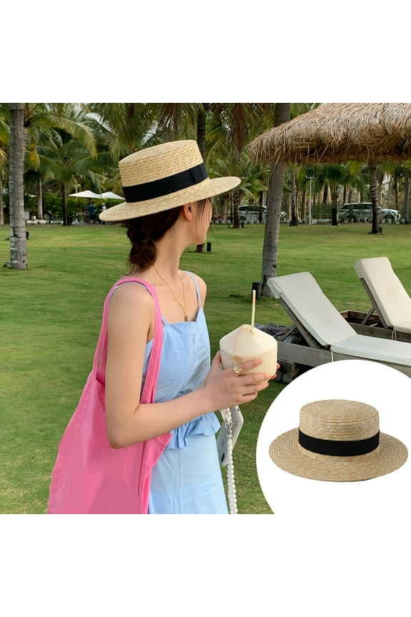 Women Spring Flat-Boater-Hat Thick-Straw-Hat Fall Sun-Hat Summer-Beach Fedora-Hat Seaside Beach Hat Swimming Pool Accessories