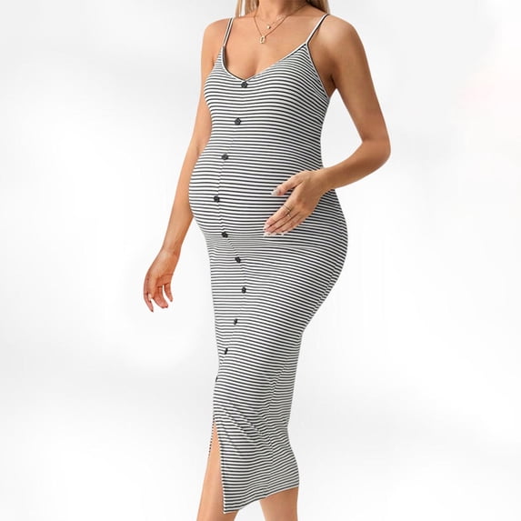 hengsof Women's Maternity Cami Dress Split Hem Buttoned Sleeveless Long Bodycon Slip Dresses
