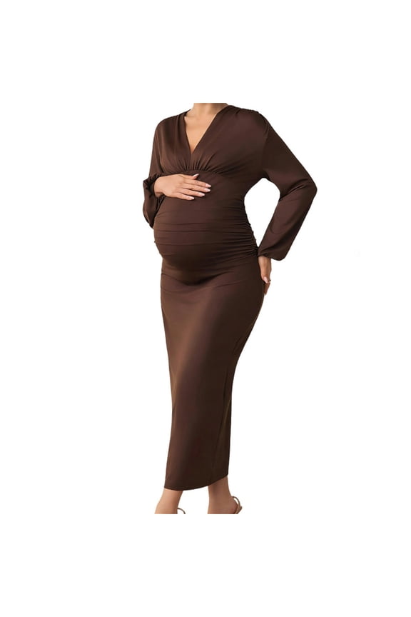 Womens Maternity Bodycon Maxi Dress V Neck Semi Formal Baby Shower Photoshoot Party Cocktail Pregnancy