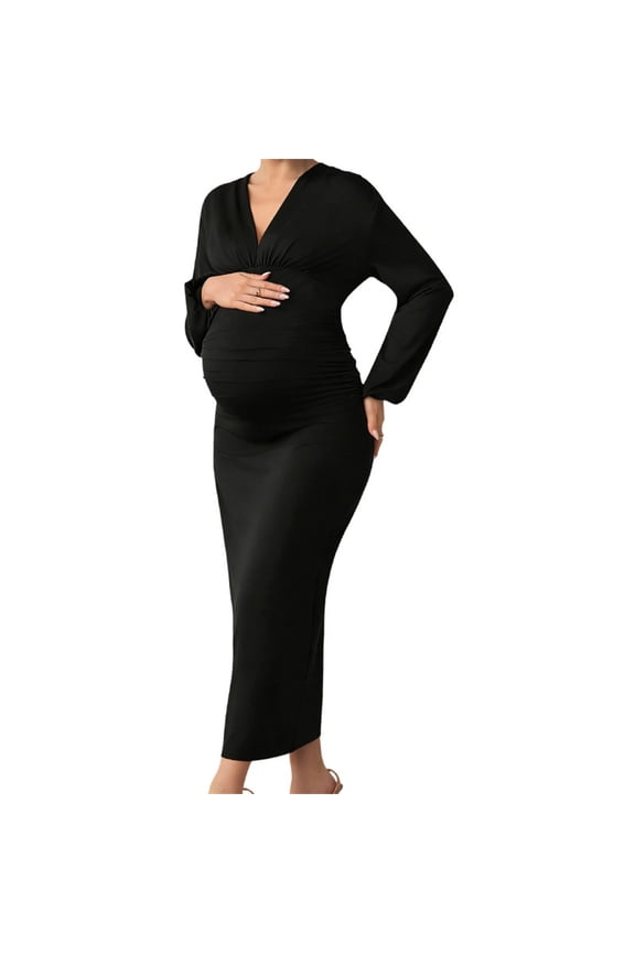 Womens Maternity Bodycon Maxi Dress V Neck Semi Formal Baby Shower Photoshoot Party Cocktail Pregnancy