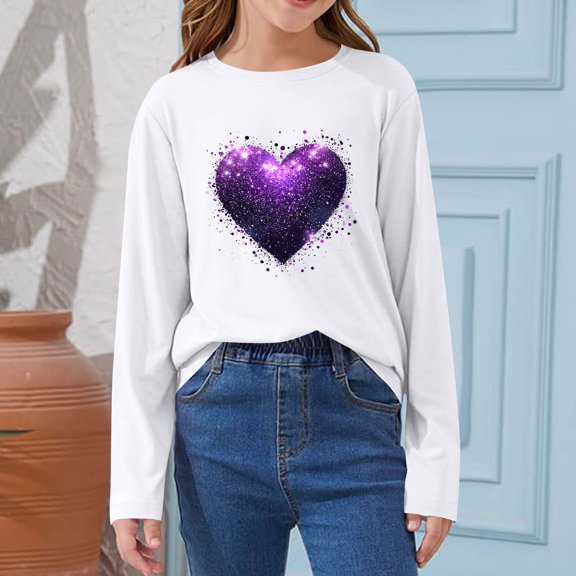 hengsof Zhongda Printed Round Neck Shirt Long Sleeve Cute Printed Bottoming Shirt Fashionable Love Sequin Pattern Top Spring and Summer Casual Top