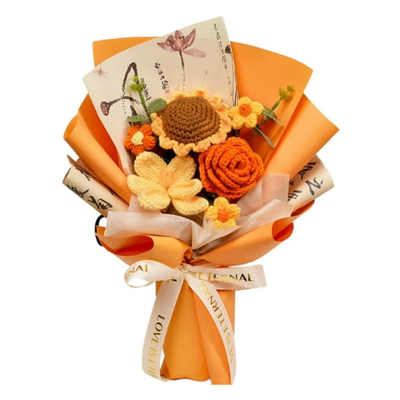 hengtong Crochet Flower Bouquet Knitted Flowers for Anniversary Teacher' Day Birthday Orange