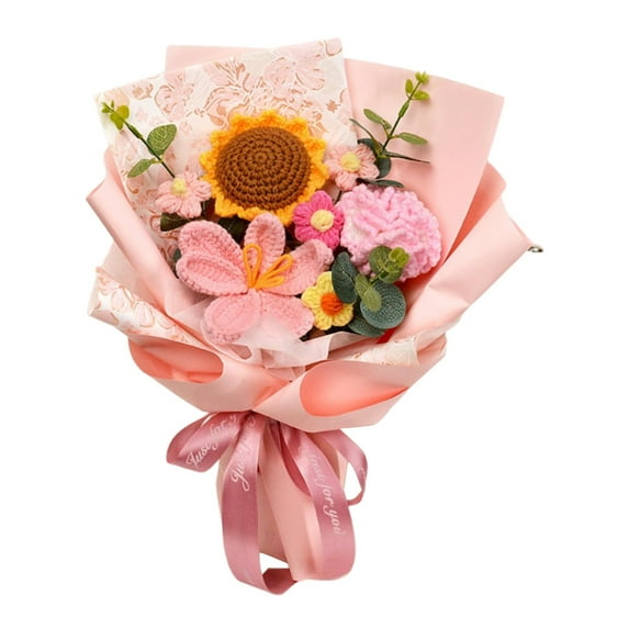 hengtong Crochet Flower Bouquet Knitted Flowers for Anniversary Teacher' Day Birthday Pink Carnation