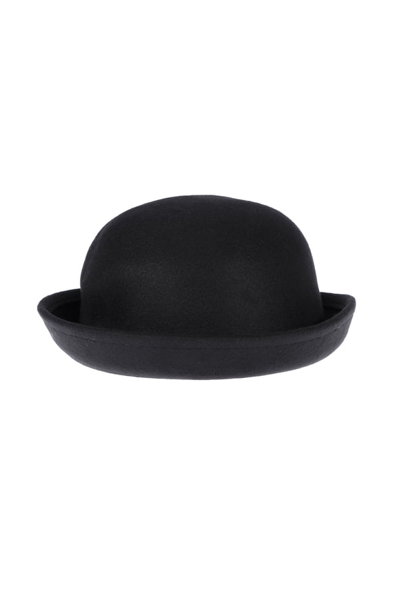 Women's Girls Roll-up Brim Wool Dome Hat Bowler (Black)