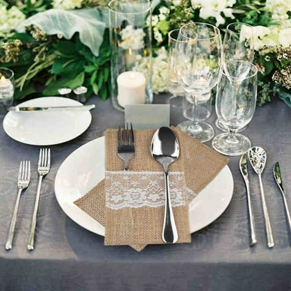 hengzirui cutlery bag 16 pcs Lace Cutlery Bag Vintage Linen Fork Bag Tableware Holders Silverware Pouch Fork Storage Bag for Wedding Party Home