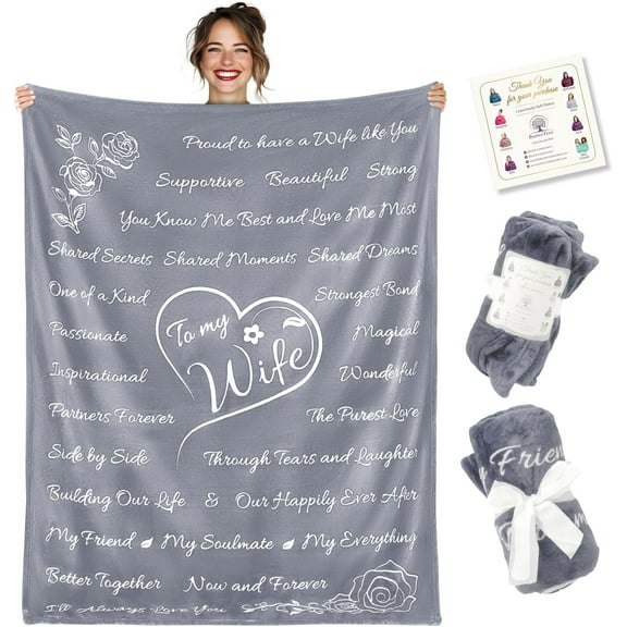 for her, My Wife Birthday Gift Ideas, Gifts for Wife Blanket, Gift from Husband for Wife Anniversary, Birthday Presents for Wife Romantic, 65" x 50" (Silver)