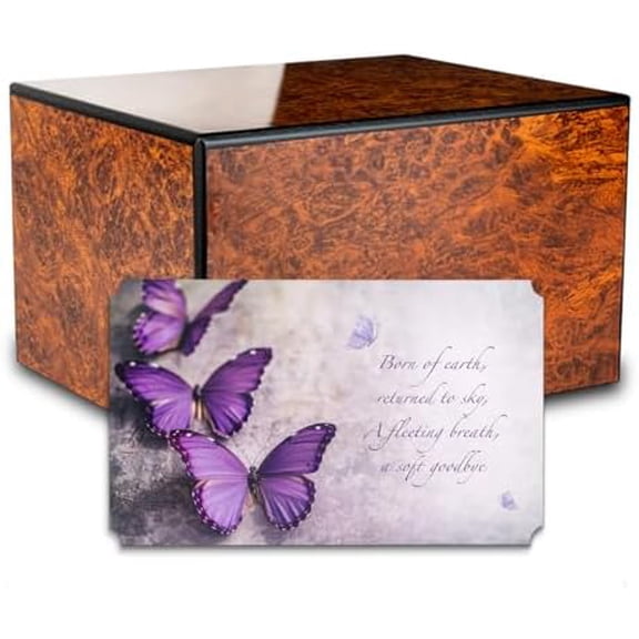 heritage adult Burl finish cremation urn box for human ashes I Purple Butterfly wooden urns for male and female I 210lbs$$Home Decor, Kitchen, & Other