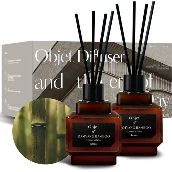 hetras Objet Diffuser Gift Set 6.7 fl.oz. 2 Pack | Damyang Bamboo - Fresh Forest & Herb Scent | Long-Lasting Scented Room Fresheners with 8 Reed Sticks for Home Fragrance Bedroom Bathroom Shelf Dcor