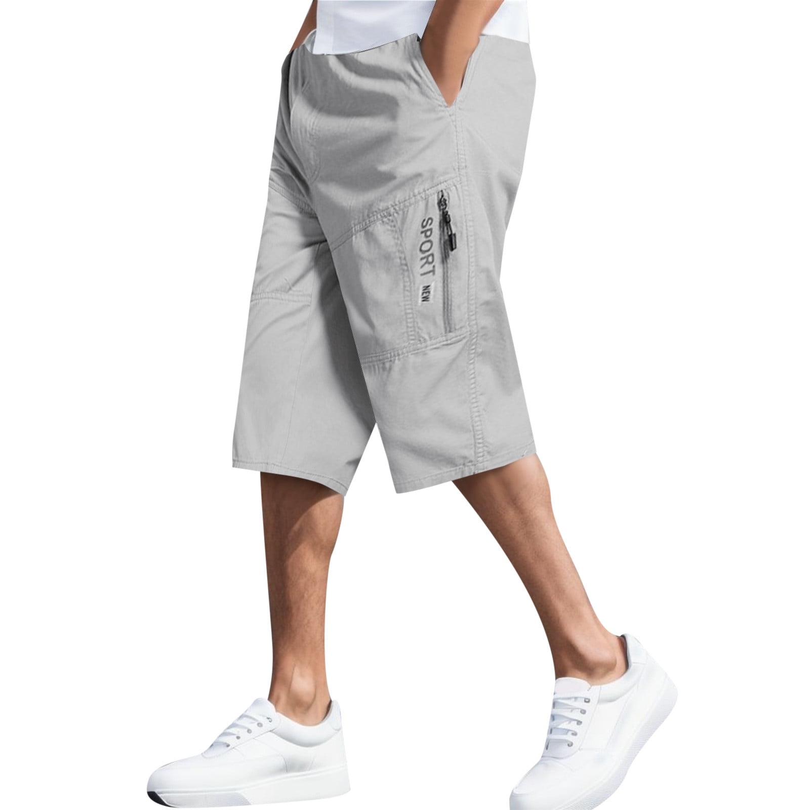 heyac Men's Cargo Shorts Elastic Waist Baggy 3/4 Capri Pants Solid