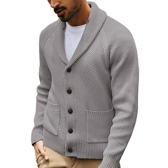 heyac Cardigan Men Long Sleeve V Neck Open Front Cardigan Cable Knitted Button Front Striped Sweater with Pockets