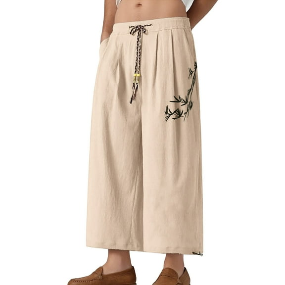 heyac Japanese Pants Mens Boho Pants Men's Summer Thin Embroidery Wide Leg Pants Tang Suit Large Size Men Loose Nine Pants
