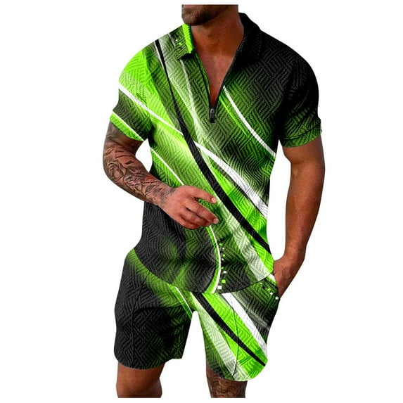heyac Men Summer Outfits Gradient Graphic T-Shirt and Drawstring Lounge Shorts Collared Lounge Wear Two-Piece Set Loose Fit Beach Matching Sets