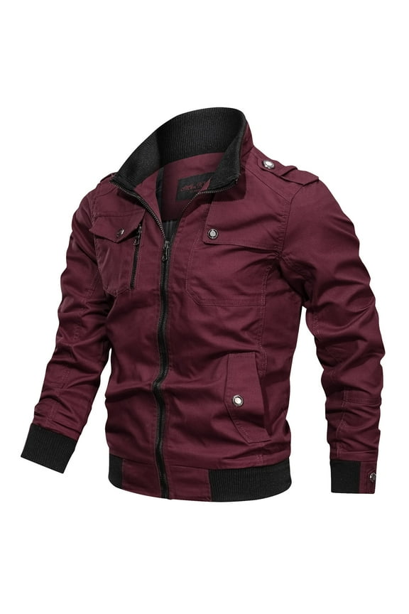 Men's Casual Military Jacket Stand Collar Jackets Coats Cotton Bomber Jackets with Shoulder Straps,,XL