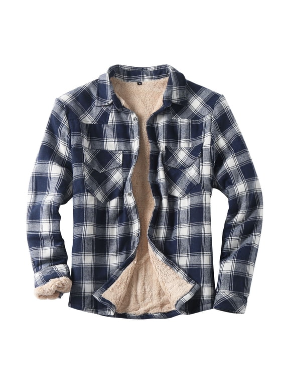 Men's Casual Warm Plaid Wool Blend Jacket Relaxed Fit Button Up Long Sleeve Shacket Shirt Coat,Navy,XXXL