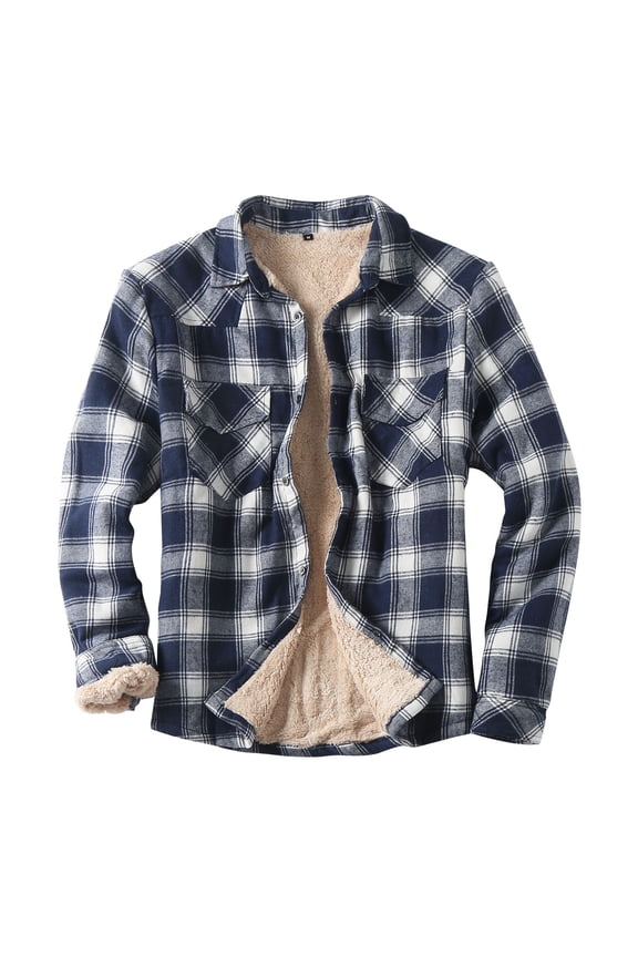 Men's Casual Warm Plaid Wool Blend Jacket Relaxed Fit Button Up Long Sleeve Shacket Shirt Coat,Navy,XXXL