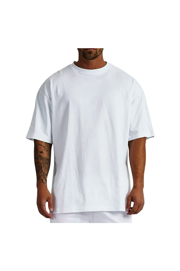Mens Workout Shirts Male Summer Pure Cotton Oversized Shirt Solid Color Large Size Short Sleeve Round Shoulder Sleeve Top