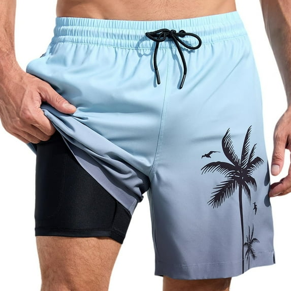 heyac Swim Trunks Men 5 Inch Inseam Soild Color Quick Dry Stretch 2 In 1 Beach Swimming Shorts Light Beach Swimwear
