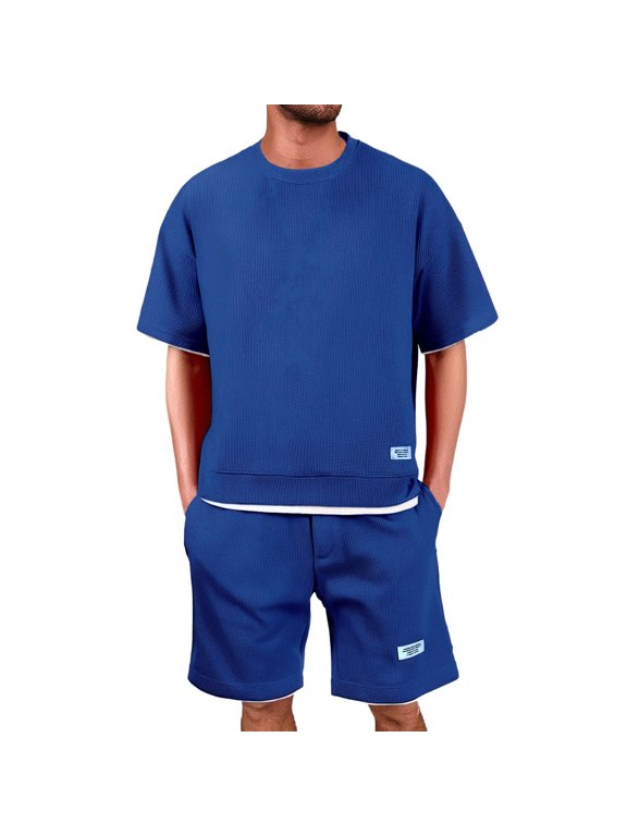 Waffle Jogging Suit Men's Tracksuit - 2-Piece Men's Summer Outfit Two Piece Fitness Clothing Short Leisure Suit Shirt and Shorts Set Sports Suit Summer Suit Y2K Tracksuit