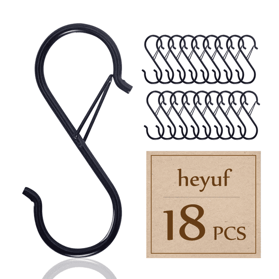 heyuf 18 Pcs S Hooks for Hanging Heavy Duty Heavy Duty Metal S Hooks with Safety Buckle, S Shaped Hooks, Pot Rack Hooks, Closet Hooks, Hooks for Kitchen Utensil and  Valentine's day Decorations-black