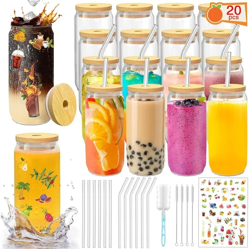 hghfhj 20 glass cups with lid and straw 16 ounce coffee cups reusable