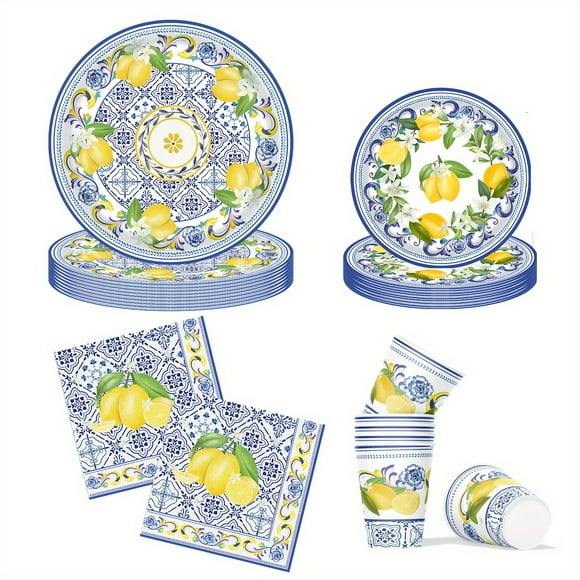 hghfhj  68-Piece Lemon Party Supplies Set – Eco-friendly Paper Plates  Cups  Napkins with Vibrant Yellow Citrus Fruit Design – Versatile Tableware for Wedding  Birthday & All-Season C