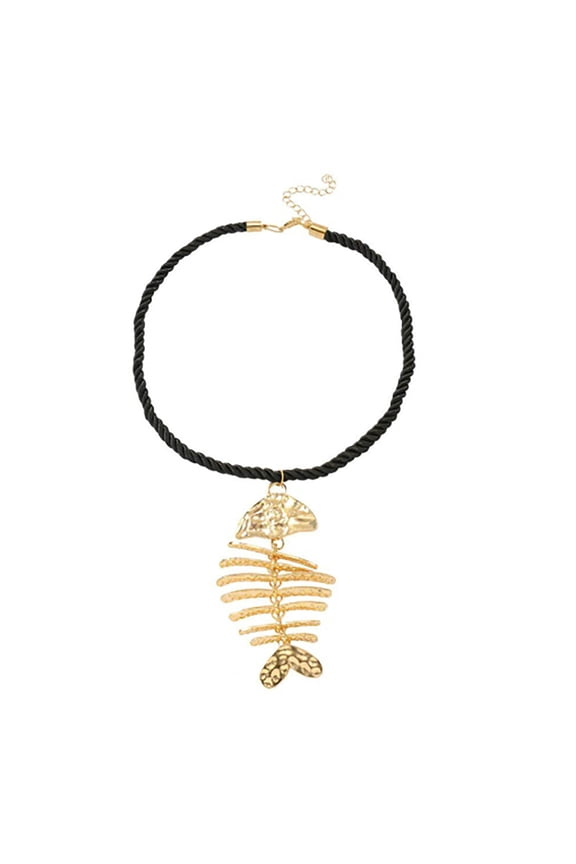 Fishbone Pendant Choker Necklace Gold Plated Statement Jewelry With Black Rope Chain Unique Skeleton Design For Women