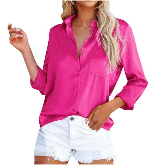 hgsbede Button Down Shirts for Women Long Sleeve Solid Loose Lapel Shirt Blouse