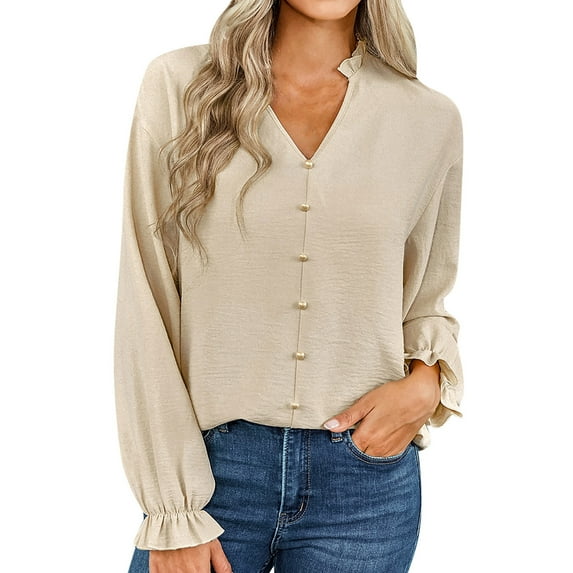 hgsbede Button Down Shirts for Women V-Neck Long Sleeve Solid Color T-Shirt Blouse