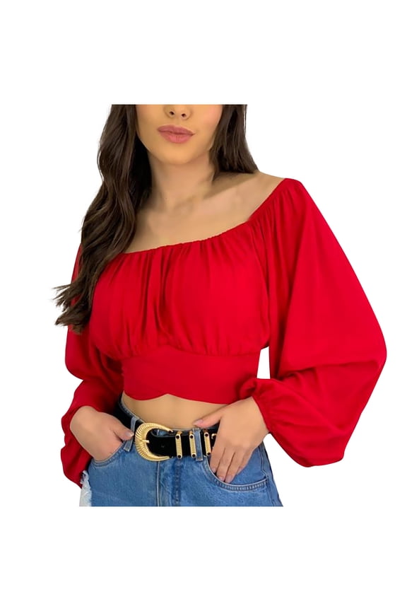 Crop Tops for Women Boat Neck Puff Sleeve Solid Color Shirt Top Blouse